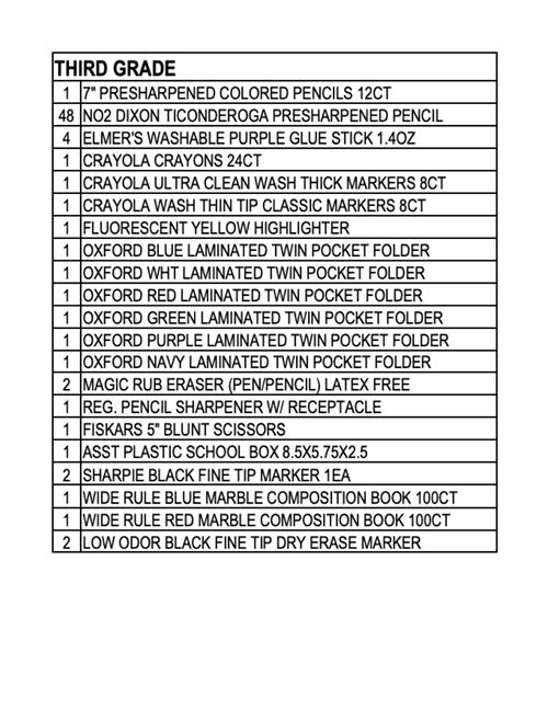 3rd Grade Supply List